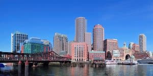 Boston waterfront panorama with skyscrapers and bridge in the morning